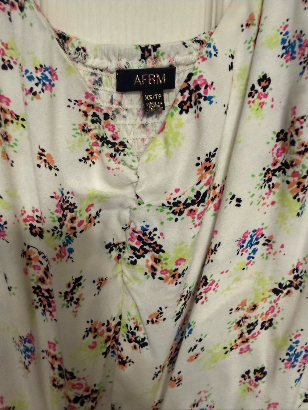 AFRM White Floral V-Neck Blouse with Multicolor Print